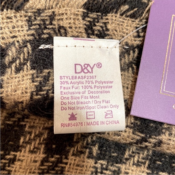 D&Y Houndstooth Faux Fur Panel Scarf NWT Brown & Black in Gingham Buffalo Plaid - Picture 10 of 14